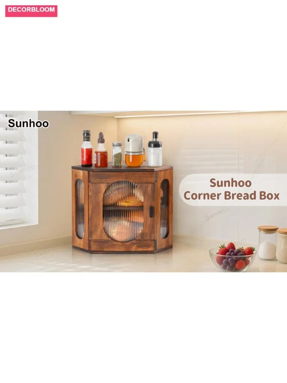 Wood & Acrylic Bread Box 2-Tier Storage with Adjustable Divider Corner Design